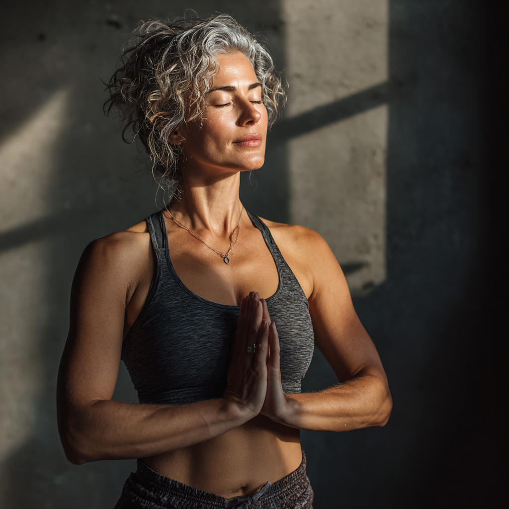Professional yoga instructor in her forties demonstrating pose with calm expression and natural lighting in modern studio
